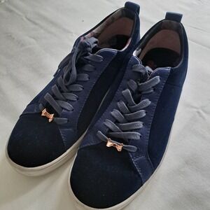 Ted Baker Navy Velvet Bow Sneakers Trainers Women‎ Size 7 Rose Gold Accent